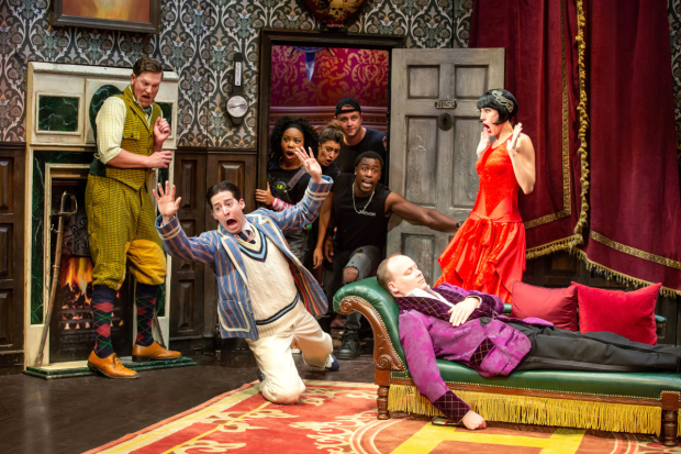 The ensemble cast of The Play That Goes Wrong, running through January 6, 2019 at the Lyceum Theatre.