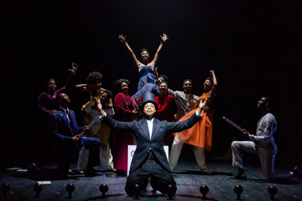 The cast of The Black Clown, adapted by Davóne Tines and Michael Schachter, and directed by Zack Winokur, at the American Repertory Theater.