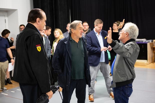 Chazz Palminteri, Robert De Niro, and Jerry Zaks confer during rehearsals for the North American tour of A Bronx Tale.