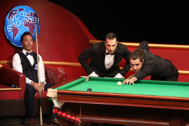 Ahmed Aly Elsayed, Ethan Hova, and Ben Schnetzer play a live game of snooker in Broadway&#39;s The Nap.
