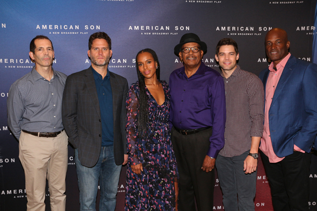 The American Son team: playwright Christopher Demos-Brown, cast members Steven Pasquale, Kerry Washington, Eugene Lee, and Jeremy Jordan, and director Kenny Leon.