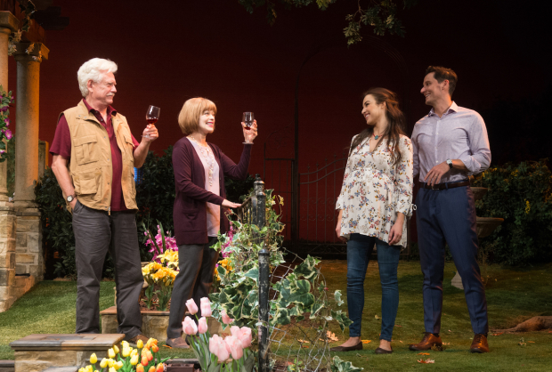 Bruce Davison, Frances Fisher, Jessica Meraz, and Christian Barillas in a scene from Native Gardens, directed by Jason Alexander, at Pasadena Playhouse.