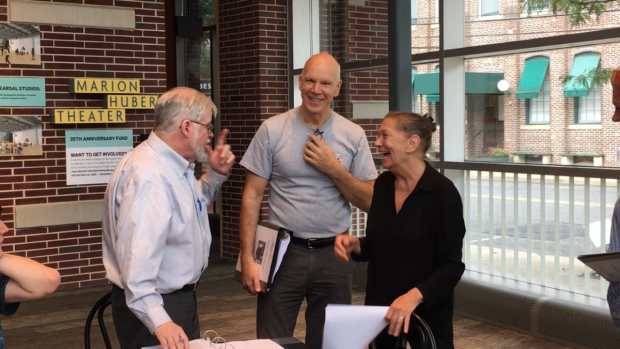 Lyricist David Zippel (middle) and director Graciela Daniele (right) in rehearsal for Pamela&#39;s First Musical with playwright Christopher Durang who&#39;s signed on as co-book writer for the musical&#39;s world premiere at Two River Theater.