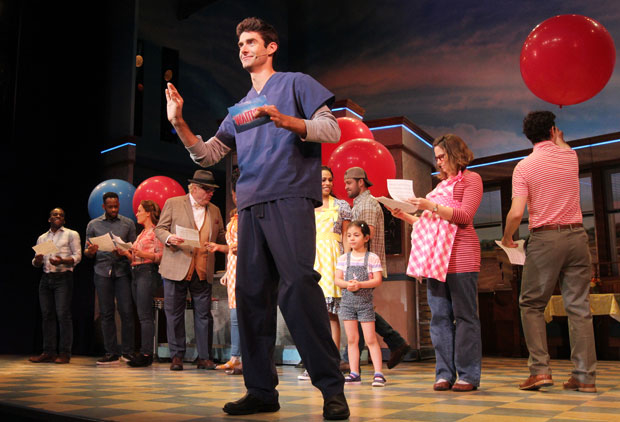 Drew Gehling addresses the audience during Waitress&#39;s 1,000th curtain call.