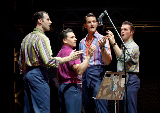 Mark Edwards, Aaron De Jesus, Cory Jeacoma, and Sam Wolf star in Jersey Boys at New World Stages.