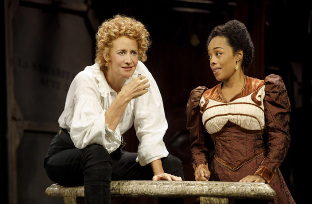 Janet McTeer as Sarah Bernhardt in a scene with Brittany Bradford, who plays Lysette (the Ophelia to her Hamlet) in a scene from Bernhardt/Hamlet at the American Airlines Theatre.