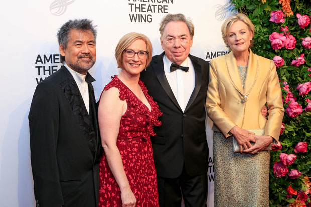 Playwright David Henry Hwang, American Theatre Wing President &amp; CEO Heather Hitchens, Andrew Lloyd Webber, and his wife Madeleine Lloyd Webber at the 2018 American Theatre Wing Gala.