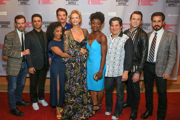 The cast of Bernhardt/Hamlet celebrate opening night at the American Airlines Theatre.