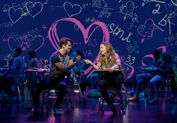 Kyle Selig and Erika Henningsen in the Broadway musical Mean Girls at the August Wilson Theatre.