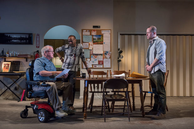 Francis Guinan, K. Todd Freeman, and Tim Hopper in Steppenwolf Theatre&#39;s Pam MacKinnon&#39;s production of Bruce Norris&#39;s Downstate, directed by Pam MacKinnon.