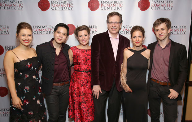 Company members of Because I Could Not Stop: An Encounter With Emily Dickinson celebrate opening night at Pershing Square Signature Center.