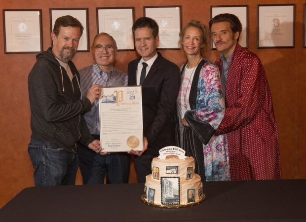 Dylan Baker, Todd Haimes, New York State Senator Brad Hoylman, Janet McTeer, and Jason Butler Harner with a proclamation from the New York State Senate.