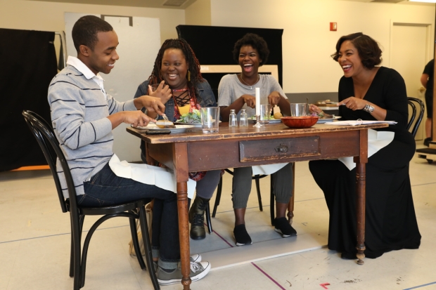 Karl Green, Ashley D. Kelley, Kadijah Raquel, and De'Adre Aziza in rehearsal for Eve&#39;s Song at the Public Theater.