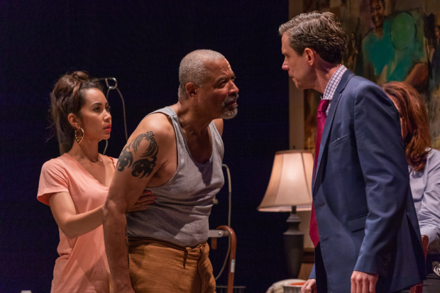 Octavia Chavez-Richmond, Tyrees Allen, and Lewis D. Wheeler in Between Riverside and Crazy, directed by Tiffany Nichole Greene, at SpeakEasy Stage Company.