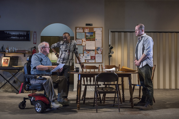 Francis Guinan (Fred), K. Todd Freeman (Dee), and Tim Hopper (Andy) in Downstate, directed by Pam MacKinnon, at Steppenwolf Theatre.