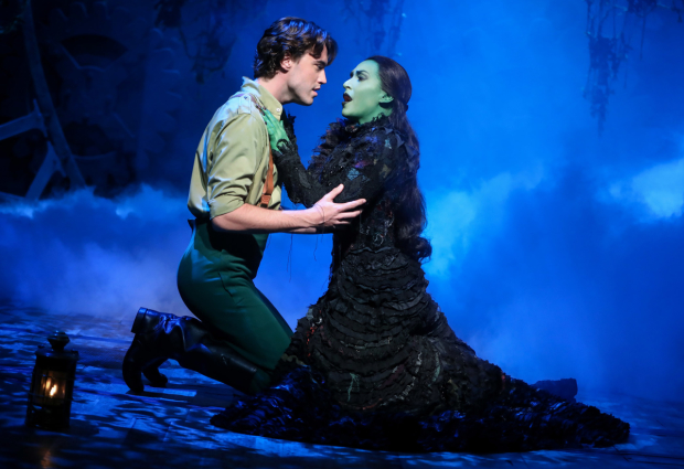 Ryan McCartan as Fiyero with Jessica Vosk as Elphaba in a scene from Wicked at Broadway&#39;s Gershwin Theatre.