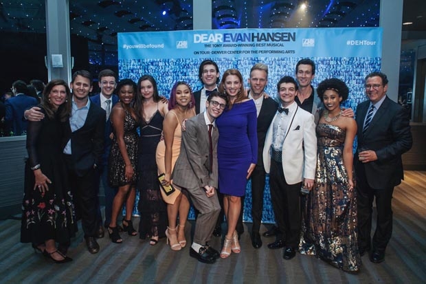 The company of the national tour of Dear Evan Hansen celebrate opening night at the Denver Performing Arts Complex.