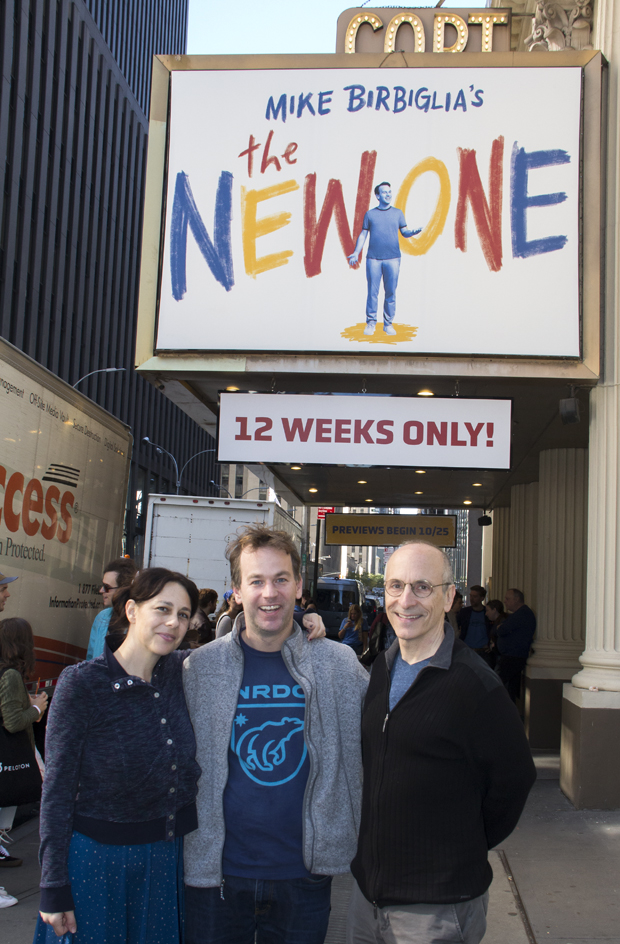 Jennifer Hope Stein, Mike Birbiglia, and Seth Barrish under the marquee for The New One at the Cort Theatre.