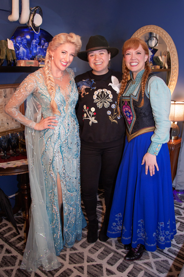 Caissie Levy, left, and Patti Murin, right, with Kelly Clarkson at a recent performance of Frozen on Broadway.