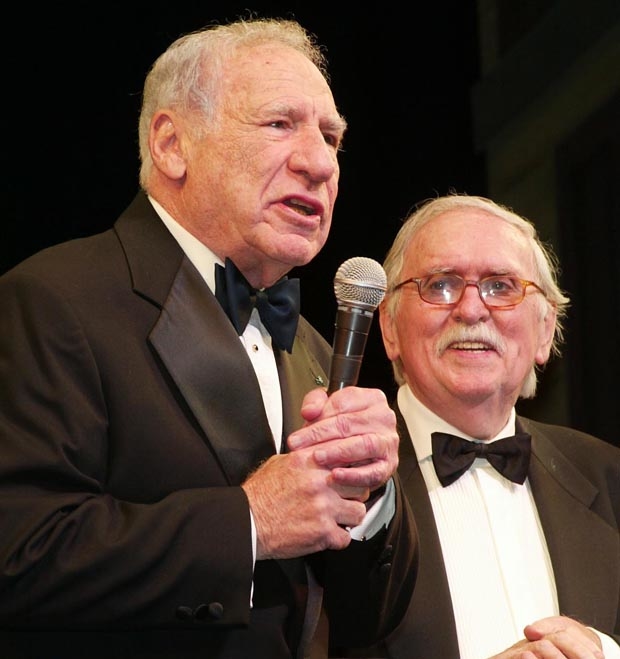 Mel Brooks and Thomas Meehan on stage at the opening of Young Frankenstein.