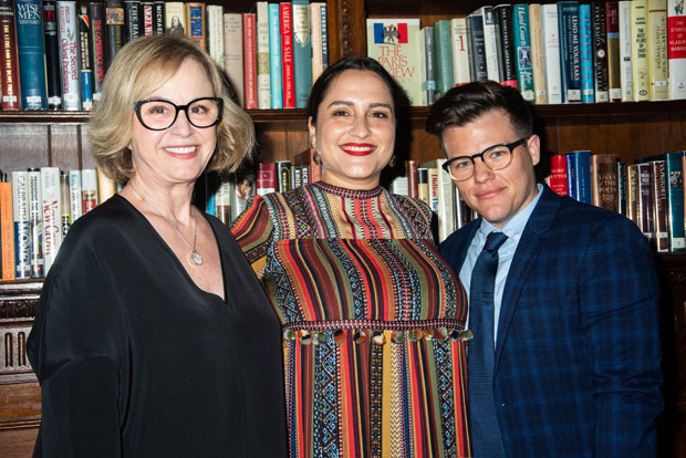 Mari Marchbanks, Jaclyn Backhaus, and Will Davis gather for a photo at a private reception for the 2018 Horton Foote Prize.