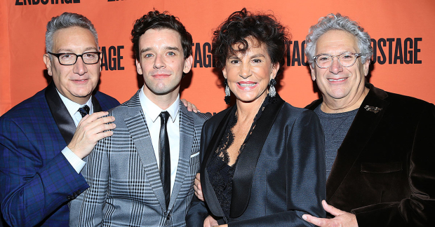 Michael Urie and Mercedes Ruehl with director Moises Kaufman (left) and playwright Harvey Fierstein (right).
