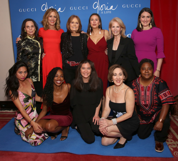 The Gloria: A Life family: Francesca Fernandez McKenzie, Fedna Jacquet, Diane Paulus, Joanna Glushak, Patrena Murray (front row); Emily Mann, Christine Lahti, Gloria Steinem, DeLanna Studi, Daryl Roth, and Liz Wisan (second row).