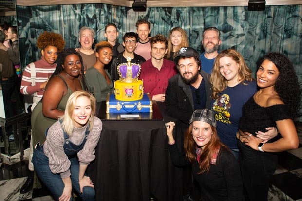The cast of Head Over Heels celebrates the productions 100th performance at Broadway&#39;s Hudson Theatre.