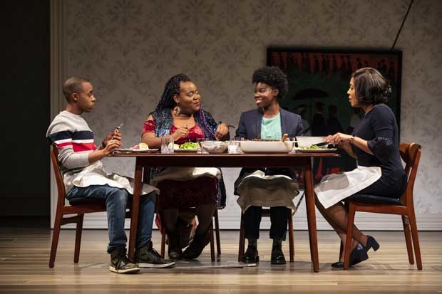Karl Green, Ashley D. Kelley, Kadijah Raquel, and De'Adre Aziza in a scene from Eve&#39;s Song, directed by Jo Bonney, at the Public Theater.