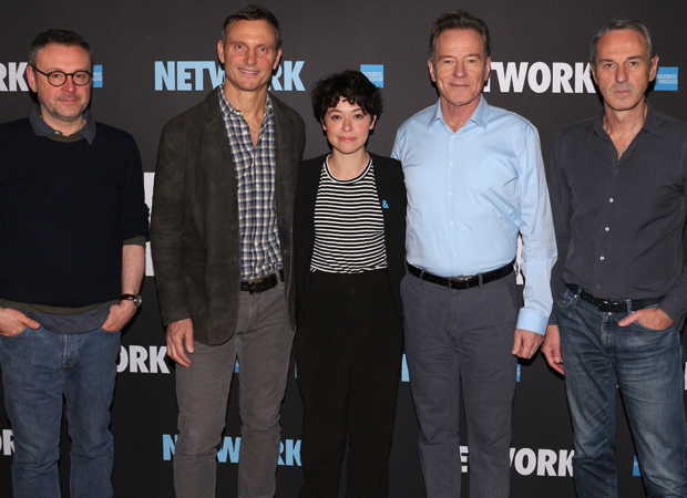 Playwright Lee Hall (left) and director Ivo van Hove (right) join Tony Goldwyn, Tatiana Maslany, and Bryan Cranston for a photo.