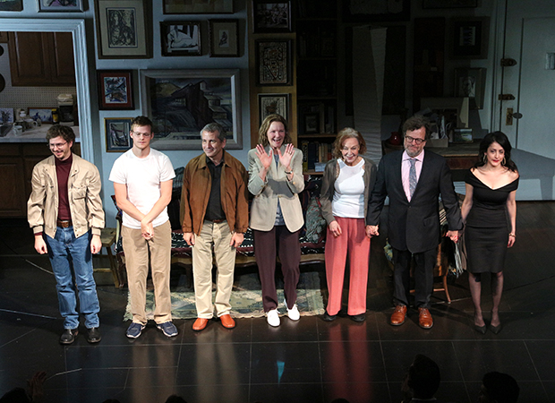 Michael Cera, Lucas Hedges, David Cromer, Joan Allen, Elaine May, Kenneth Lonergan, and Lila Neugebauer on stage at the Golden Theatre.