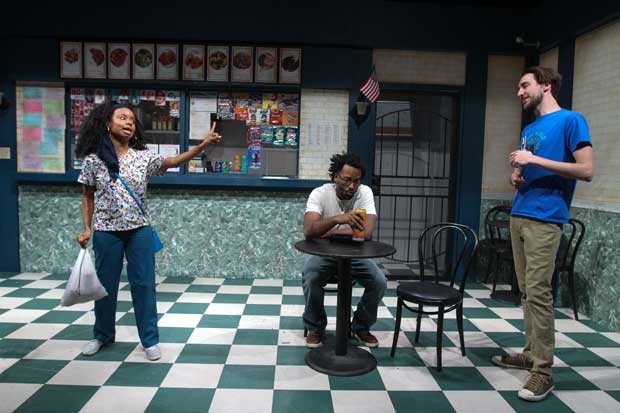 Kendra Holloway, Richard Bradford, and Justin Pietropaolo in a scene from Josh Wilder&#39;s Salt Pepper Ketchup, directed by Jerrell L. Henderson.