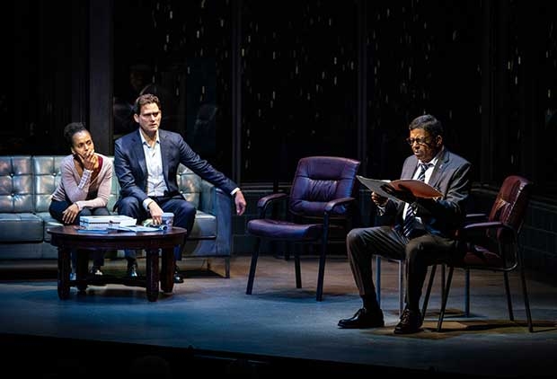 Kerry Washington and Steven Pasquale sit across from Eugene Lee in a scene from American Son.
