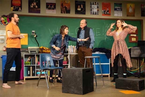 Greg Keller, Jennifer Bareilles, Jeffrey Bean, and Margo Seibert in a scene from Larissa FastHorse's The Thanksgiving Play, now in performances at Playwrights Horizons&#39; Peter Jay Sharp Theater.