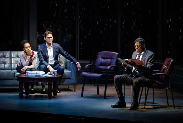 Eugene Lee (right) joins Washington and Pasquale onstage at the Booth Theatre.