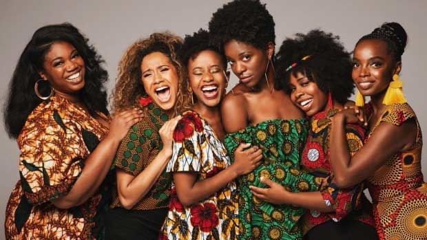 Cast members of the off-Broadway production of School Girls; or, The African Mean Girls Play: Abena Mensah-Bonsu, Joanna A. Jones, Mirirai Sithole, Latoya Edwards, Paige Gilbert, and MaameYaa Boafo.