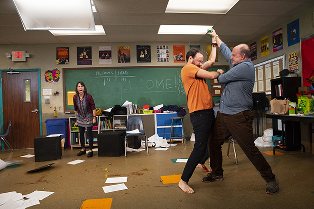 Jennifer Bareilles, Greg Keller, and Jeffrey Bean perform a scene from The Thanksgiving Play.