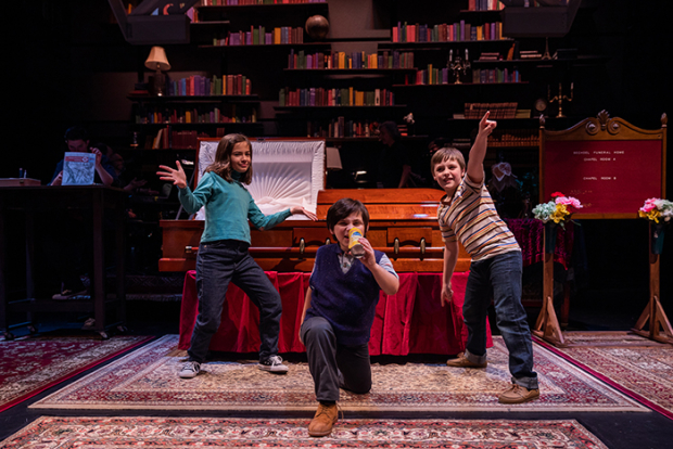 Marissa Simeqi, Luke Gold, and Cameron Levesque in the SpeakEasy Stage production of Fun Home, running through November 18.