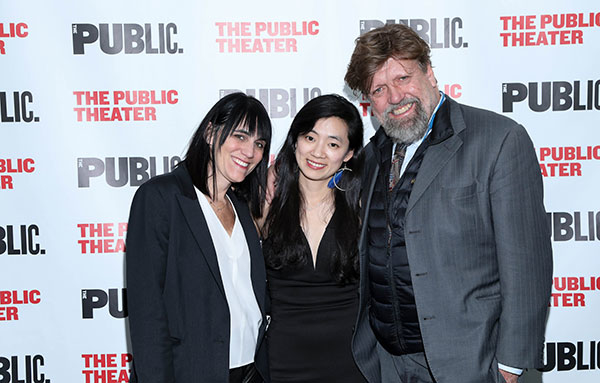 Director Leigh Silverman and playwright Hansol Jung stop for a photo with Public Theater artistic director Oskar Eustis.