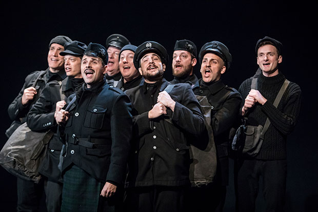 Mike McGowan, David Darrow, Sasha Andreev, James Ramlet, Evan Tyler Wilson, Benjamin Dutcher, Tom McNichols, Rodolfo Nieto, and Riley McNutt star in All Is Calm: The Christmas Truce of 1914, written and directed by Peter Rothstein, for Theater Latté Da at the Sheen Center.