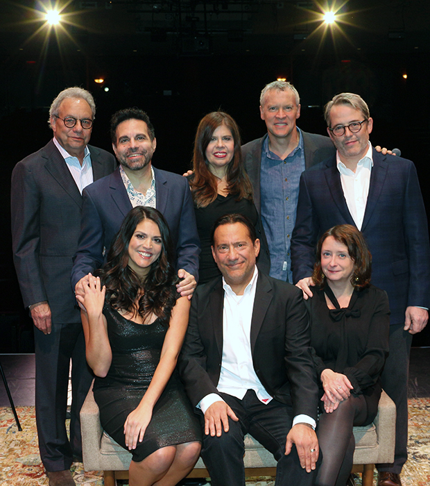 The cast of Celebrity Autobiography on opening night: Lewis Black, Mario Cantone, Cecily Strong, Dayle Reyfel, Eugene Pack, Tate Donovan, Matthew Broderick, and Rachel Dratch.
