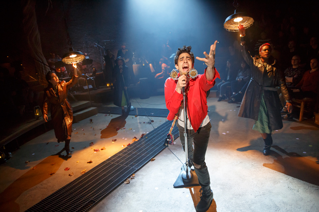 Shaina Taub, Amber Gray, Damon Daunno, and Lulu Fall in the New York Theatre Workshop production of Hadestown.