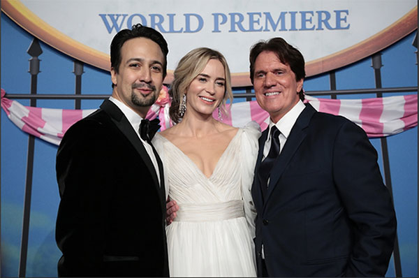 Lin-Manuel Miranda, Emily Blunt, and Rob Marshall celebrate the world premiere of Mary Poppins Returns.