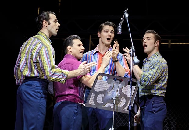 Jersey Boys at New World Stages features 

Mark Edwards, Aaron De Jesus, Austin Colby, and Sam Wolf.