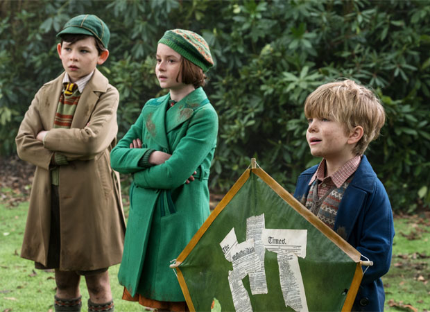 Nathanael Saleh as John Banks, Pixie Davies as Annabel Banks, and Joel Dawson as Georgie Banks in Disney&#39;s Mary Poppins Returns.