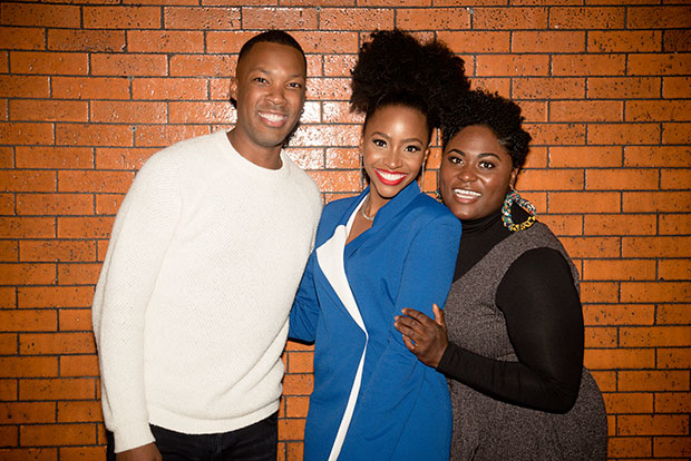 Slave Play star Teyonah Parris grabs an opening-night photo with Corey Hawkins (left) and Danielle Brooks (right).