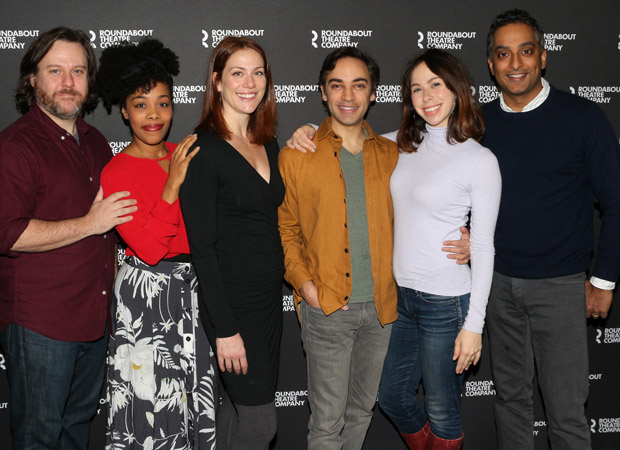 The Merrily We Roll Along cast: Paul L. Coffey, Brittany Bradford, Jessie Austrian, Ben Steinfeld, Emily Young, and Manu Narayan.