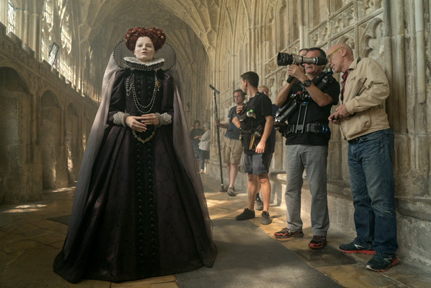 Margot Robbie as Elizabeth I on set of Mary, Queen of Scots.