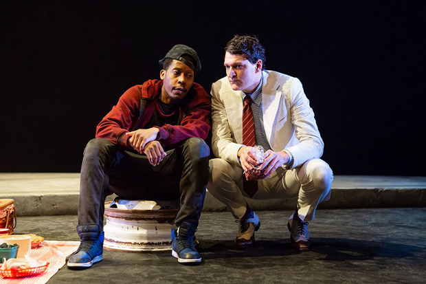 Namir Smallwood and Gabriel Ebert in the LCT3 production of Pass Over, by Antoinette Nwandu.