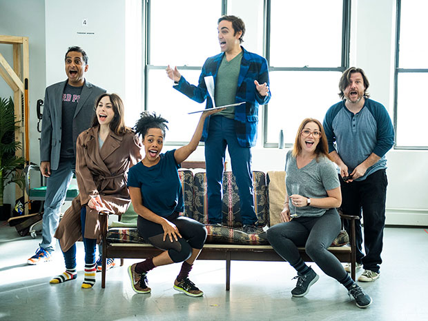 The cast of Roundabout Theatre Company and Fiasco Theater&#39;s Merrily We Roll Along rehearse.